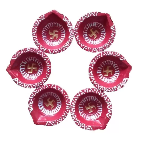 Hand Painted Diwali Pooja Thal With Painted Diya, Painted Medium Diya Set of 6 (white) - Image 2